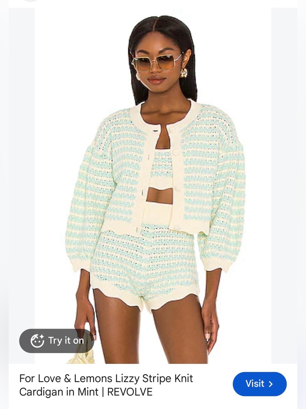 For Love & Lemons Cream and Light Blue Knit Cardigan & Crop Top Set
